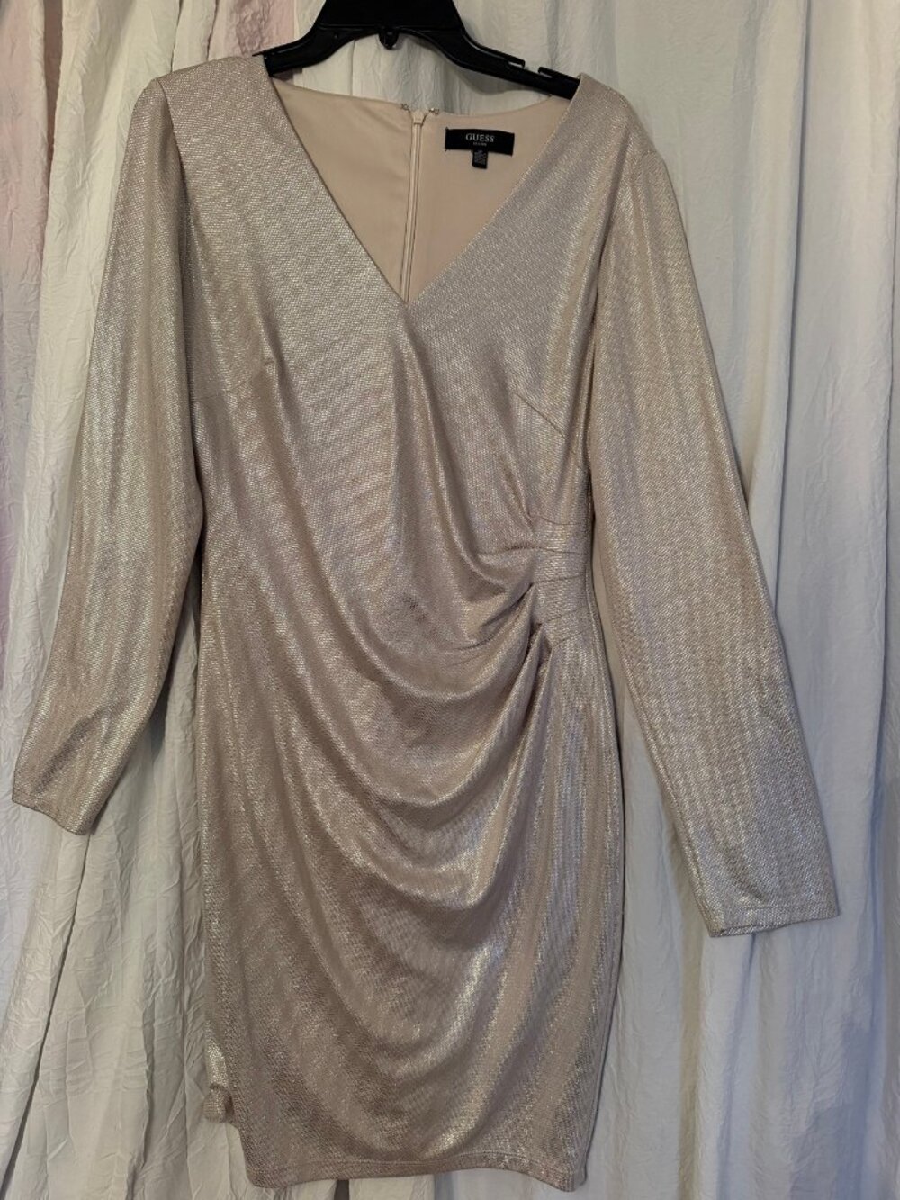 GUESS Metallic Champagne Ruched Sheath Dress 12 NWOT